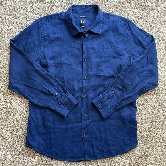 Vintage GAP Men’s Size Large Deep Blue 100% Linen Shirt Long Sleeve Button Up - Picture 1 of 5